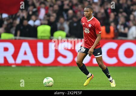 Lille, France. 18th Apr, 2024. Bafode Diakite (18) of Lille pictured during the Uefa Conference League Quarter final round - second leg game in the 2023-2024 season between Lille OSC and Aston Villa on April 18, 2024 in Lille, France. (Photo by David Catry/Isosport) Credit: sportpix/Alamy Live News Stock Photo