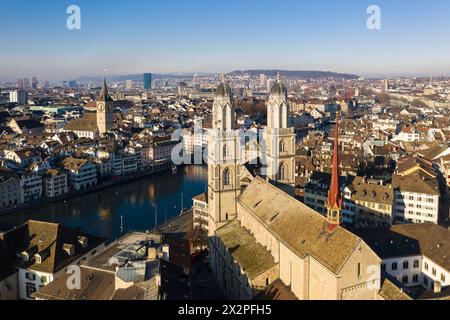 Zurich, Switzerland: Aerial view of Zurich old town along the Limmat river the the Grossmunster cathedral in Switzerland largest city. Stock Photo