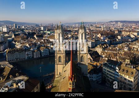 Zurich, Switzerland: Aerial view of Zurich old town along the Limmat river the the Grossmunster cathedral in Switzerland largest city. Stock Photo