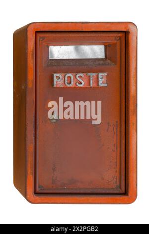 Italian vintage red rusty mailbox with the word Poste for sending letter. Isolated on white with clipping path included Stock Photo