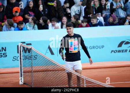 Carlos Alcaraz of Spain practices during the Mutua Madrid Open 2024, ATP Masters 1000 and WTA 1000, tennis tournament on April 23, 2024 at Caja Magica in Madrid, Spain Stock Photo