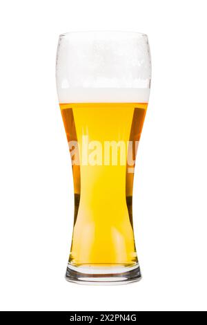 Tall beer glass almost full with lager beer, in the process of drinking. Someone already took a sip from the glass. Isolated on white Stock Photo