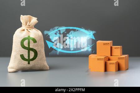 World trade in goods and products. Dollar and boxes with arrows and world map. Prices. Increase in supplies and production rates. Global Business and Stock Photo