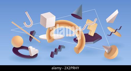 3d motion design. Graphic shapes, isometric triangle poster with realistic futuristic falling objects, space. Minimal background design with different geometric shapes. Vector elements composition Stock Vector
