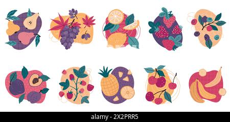 Abstract fruits. Raspberry and cherry berry, banana and pear, modern dessert with bilberry plant, summer grape and watermelon. Sweet tropical hand drawn food. Label design. Vector cartoon flat set Stock Vector