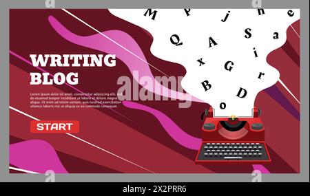 Writing blog landing page. Typewriter with article letters. Author blogging. Creative content. Novel typing. Journalists essay creating. Website design template. Text editor vlog. Vector background Stock Vector