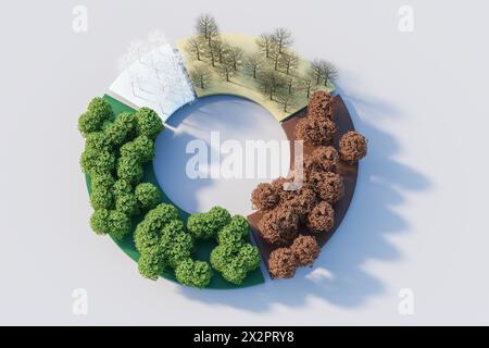 Pie chart for ecological, sustainable, eco-friendly business concept. Financial figures, ecology, represented by common beech trees in different seaso Stock Photo