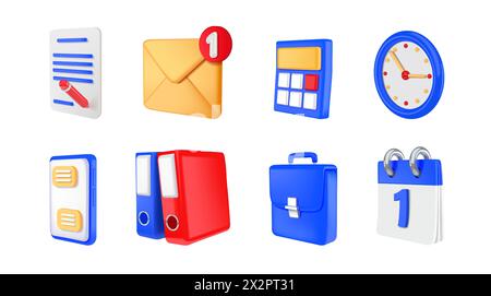 3D office icons. Business objects. Mail envelope. File folder and briefcase. Clock and calendar. Email notice. School stationery. Time watch. Phone message. Document signature. Vector render signs set Stock Vector