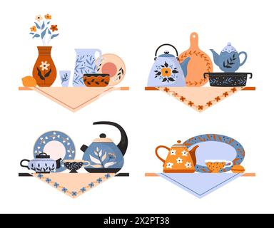 Tea tableware on shelf. Ceramic cups and teapot. Kitchen utensil. Drink serving. Home shelving with porcelain mugs and plates. Floral ornament. Flowers vase on napkin. Crockery compositions vector set Stock Vector