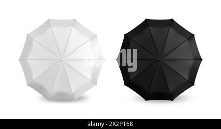 Realistic umbrella. Parasol mockup for branding. Opened waterproof sun canopy top view. Black and white blank design. Rainy weather. Automatic tents. Vector rain protection 3D stylish accessories set Stock Vector