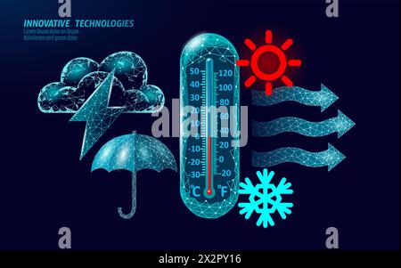 Weather 3D elements. Mobile app forecasting banner UI with rain sun umbrella termometer wind symbols. Low poly dark vector illustration Stock Vector