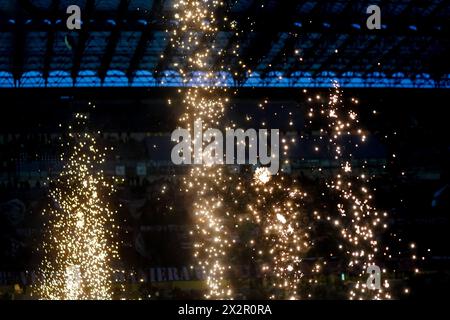 Milan, Italia. 22nd Apr, 2024. Inter's supporters before the Serie A soccer match between Milan and Inter at San Siro stadium, north Italy - Monday 22, April, 2024. Sport - Soccer . (Photo by Spada/LaPresse) Credit: LaPresse/Alamy Live News Stock Photo