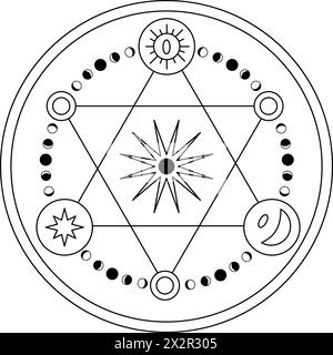 Vector magic esoteric symbol. Illustration of occult mystic sign with sun, moon phases, star and crescent in linear style. Fantasy outline round drawing for icon or logo. Black and white. Stock Vector