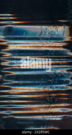Glitch overlay. Digital artifact. Black orange blue white noise tv display dust color distortion glow art illusion grunge modern abstract background. Stock Photo