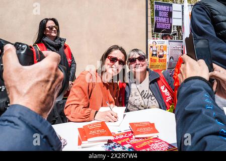 Portrait of Sophie Binet at the signing of her book, Les jours heureux, with activists. Unity march for our freedoms and against far-right ideas, in the presence of Sophie Binet, organized in Beziers by unions and associations. France, Beziers April 23, 2024.  Photograph by Patricia Huchot-Boissier / Collectif DyF. Stock Photo
