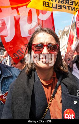 Sophie Binet in the procession, behind the banner,  Let s march for our freedoms,, against extreme right-wing ideas, Anti-racist, anti-fascist Herault. Unity march for our freedoms and against far-right ideas, in the presence of Sophie Binet, organized in Beziers by unions and associations. France, Beziers April 23, 2024.  Patricia Huchot-Boissier / Collectif DyF Stock Photo