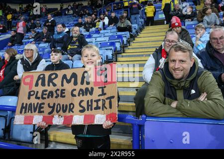 A Southampton fan holding a sign for Adam Armstrong of Southampton during the Sky Bet Championship match Leicester City vs Southampton at King Power Stadium, Leicester, United Kingdom, 23rd April 2024  (Photo by Gareth Evans/News Images) Stock Photo