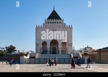 Rabat, Morocco - January 25 2019: The Mausoleum of Mohammed V is a mausoleum located on the opposite side of the Hassan Tower, on the Yacoub al-Mansou Stock Photo