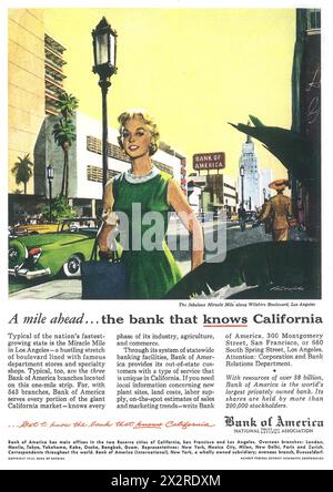 1954 Bank of America Print Ad - 'the bank that knows California' -  With Los Angeles Miracle Mile, California illustration Stock Photo