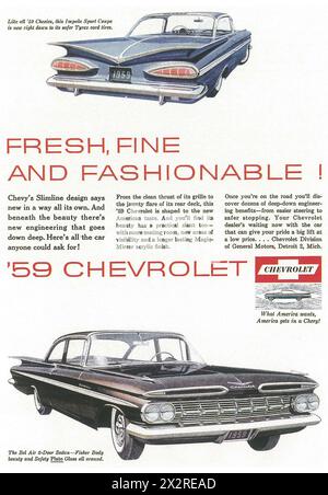 1959 CHEVROLET IMPALA SPORT COUPE & BEL AIR 2-Door SEDAN AD -  'Fresh, Fine and Fashionable !' Stock Photo