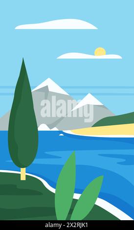Abstract minimalist river landscape of simple geometric shapes, scenery with trees and mountains vector illustration Stock Vector