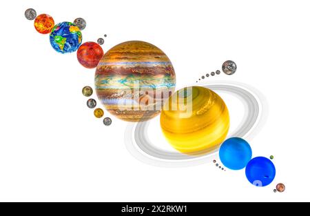 Planets of Solar system with satellites. 3D rendering isolated on white ...