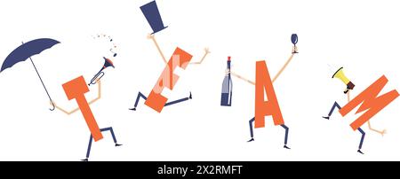 Funny concept inscription team. Letters T, E, A, M with megaphone, bottle, glass, trumpet, umbrella, top hat. Isolated on white background Stock Vector