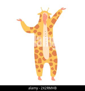 Adult cute person in giraffe costume dancing on sleepover or carnival party vector illustration Stock Vector