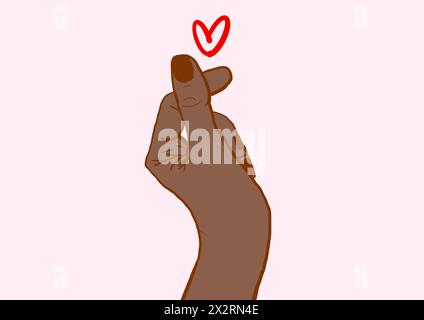 Hand of woman making heart shape against pink background Stock Photo