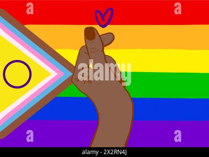 Hand of woman making heart shape against rainbow flag Stock Photo