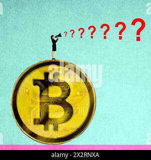 Businesswoman on oversized bitcoin shouting questions through megaphone Stock Photo