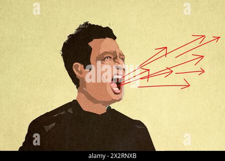 Angry man shouting against yellow background Stock Photo