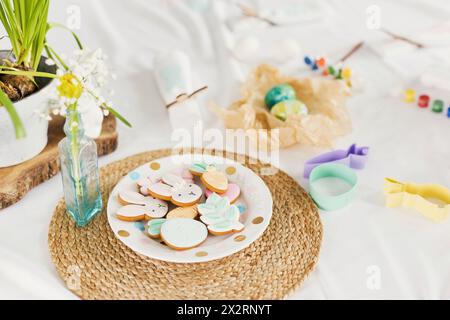 Easter cookies and decorations on table Stock Photo