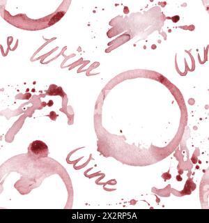Watercolor abstract wine stains and words lettering seamless pattern . Hand drawn background with stains, glass marks, blots and splashes on white bac Stock Photo
