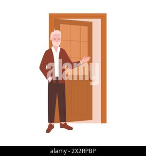 Elderly man with beard inviting entry, pointing to open brown door vector illustration Stock Vector