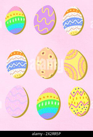 Decorated Easter eggs against pink background Stock Photo