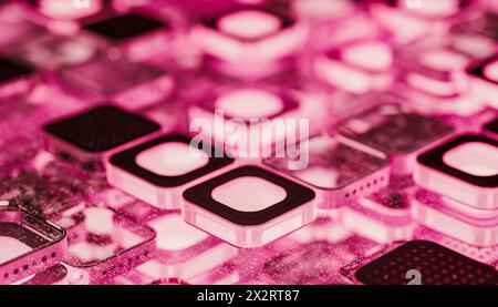 Abstract microprocessor chip blocks with illuminated pink light Stock Photo