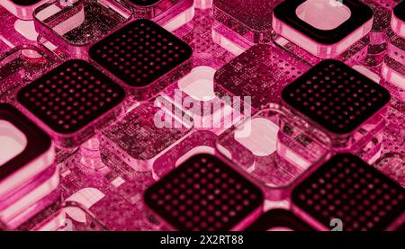 Microprocessor chip blocks with illuminated pink light Stock Photo