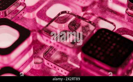 Microchip blocks with illuminated pink light Stock Photo