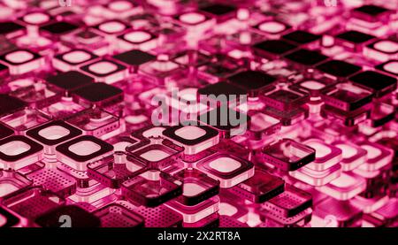 Layers of microchip blocks with illuminated pink light Stock Photo