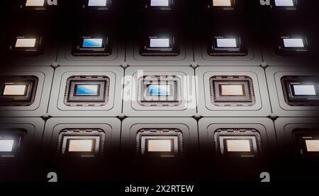 Integrated circuit with micro chips with illuminated lighting Stock Photo