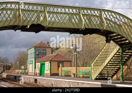 Corfe Castle heritage railway station iron bridge and old signal box, Isle of Purbeck, Dorset, England Stock Photo