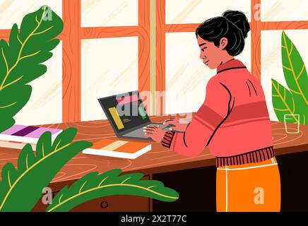 Businesswoman using laptop on table working from home Stock Photo
