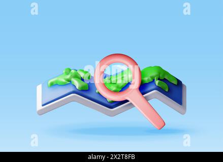 3D Location folded paper map with magnifying glass Stock Vector