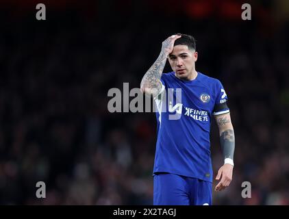 London, UK. 23rd Apr, 2024. Enzo Fernández of Chelsea looks on dejected during the Premier League match at the Emirates Stadium, London. Picture credit should read: David Klein/Sportimage Credit: Sportimage Ltd/Alamy Live News Stock Photo