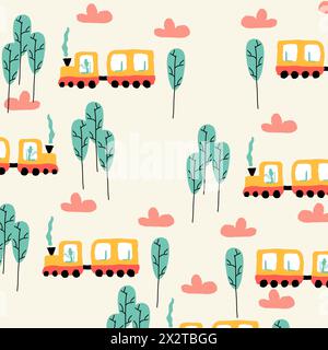 Colorful Train and Tree Pattern for Kids Stock Vector