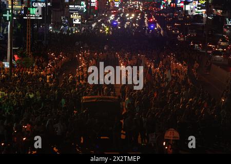 April 23, 2024, Beirut, Beirut, Lebanon: Lebanese Armenian march along a highway north of Beirut during a ceremony on the eve of the 109th anniversary of the Armenian Genocide that was carried out in 1915-1917 by the Ottoman Empire and its then ruling party, the Committee of Union and Progress, during World War I. April 24 will mark the 109th anniversary of the Armenian Genocide, when more than 1.5 million Armenians were systematically exterminated by the Ottoman Turks, an event that Turkey denies to this day. (Credit Image: © Marwan Naamani/ZUMA Press Wire) EDITORIAL USAGE ONLY! Not for Comme Stock Photo