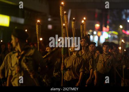 April 23, 2024, Beirut, Beirut, Lebanon: Lebanese Armenian scouts march along a highway north of Beirut during a ceremony on the eve of the 109th anniversary of the Armenian Genocide that was carried out in 1915-1917 by the Ottoman Empire and its then ruling party, the Committee of Union and Progress, during World War I. April 24 will mark the 109th anniversary of the Armenian Genocide, when more than 1.5 million Armenians were systematically exterminated by the Ottoman Turks, an event that Turkey denies to this day. (Credit Image: © Marwan Naamani/ZUMA Press Wire) EDITORIAL USAGE ONLY! Not fo Stock Photo