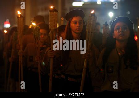 April 23, 2024, Beirut, Beirut, Lebanon: Lebanese Armenian scouts march along a highway north of Beirut during a ceremony on the eve of the 109th anniversary of the Armenian Genocide that was carried out in 1915-1917 by the Ottoman Empire and its then ruling party, the Committee of Union and Progress, during World War I. April 24 will mark the 109th anniversary of the Armenian Genocide, when more than 1.5 million Armenians were systematically exterminated by the Ottoman Turks, an event that Turkey denies to this day. (Credit Image: © Marwan Naamani/ZUMA Press Wire) EDITORIAL USAGE ONLY! Not fo Stock Photo