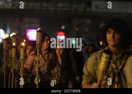 April 23, 2024, Beirut, Beirut, Lebanon: Lebanese Armenian scouts march along a highway north of Beirut during a ceremony on the eve of the 109th anniversary of the Armenian Genocide that was carried out in 1915-1917 by the Ottoman Empire and its then ruling party, the Committee of Union and Progress, during World War I. April 24 will mark the 109th anniversary of the Armenian Genocide, when more than 1.5 million Armenians were systematically exterminated by the Ottoman Turks, an event that Turkey denies to this day. (Credit Image: © Marwan Naamani/ZUMA Press Wire) EDITORIAL USAGE ONLY! Not fo Stock Photo